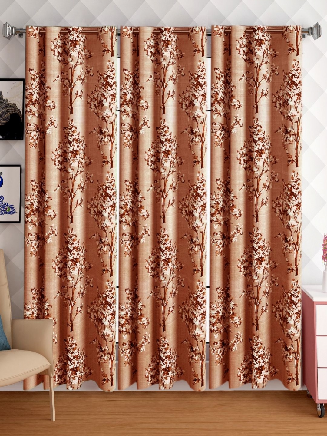

Lunar Days Brown Set of 3 Floral Room Darkening Long Door Curtain