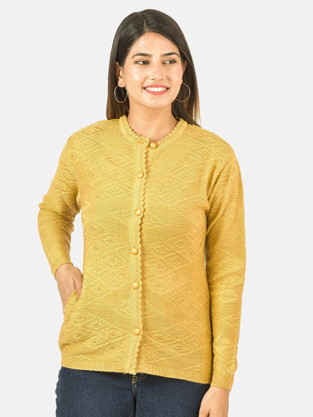 

BAISA Women Cardigan with Embellished Detail, Mustard