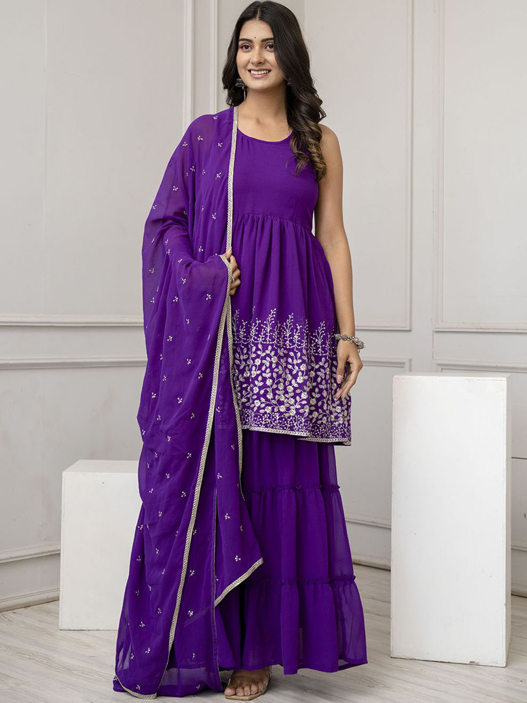 

Nayo Floral Embroidered Georgette Anarkali Kurta with Sharara & Dupatta, Purple