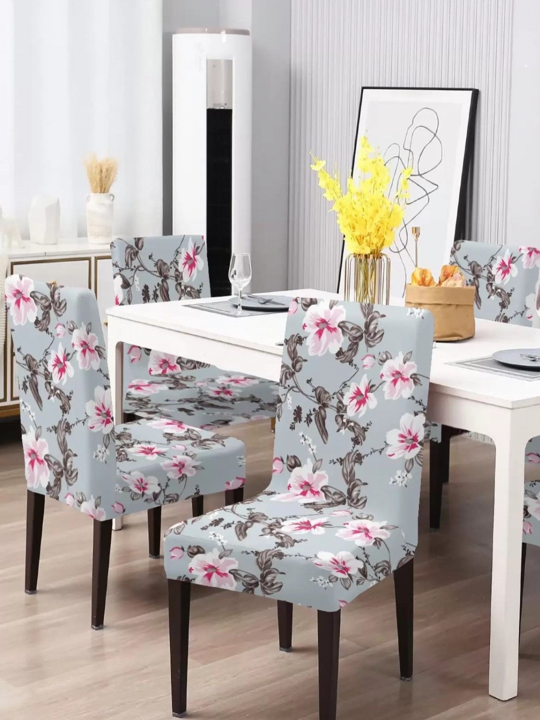 

Aura Grey & Pink 4 Pieces Floral Printed Chair Cover