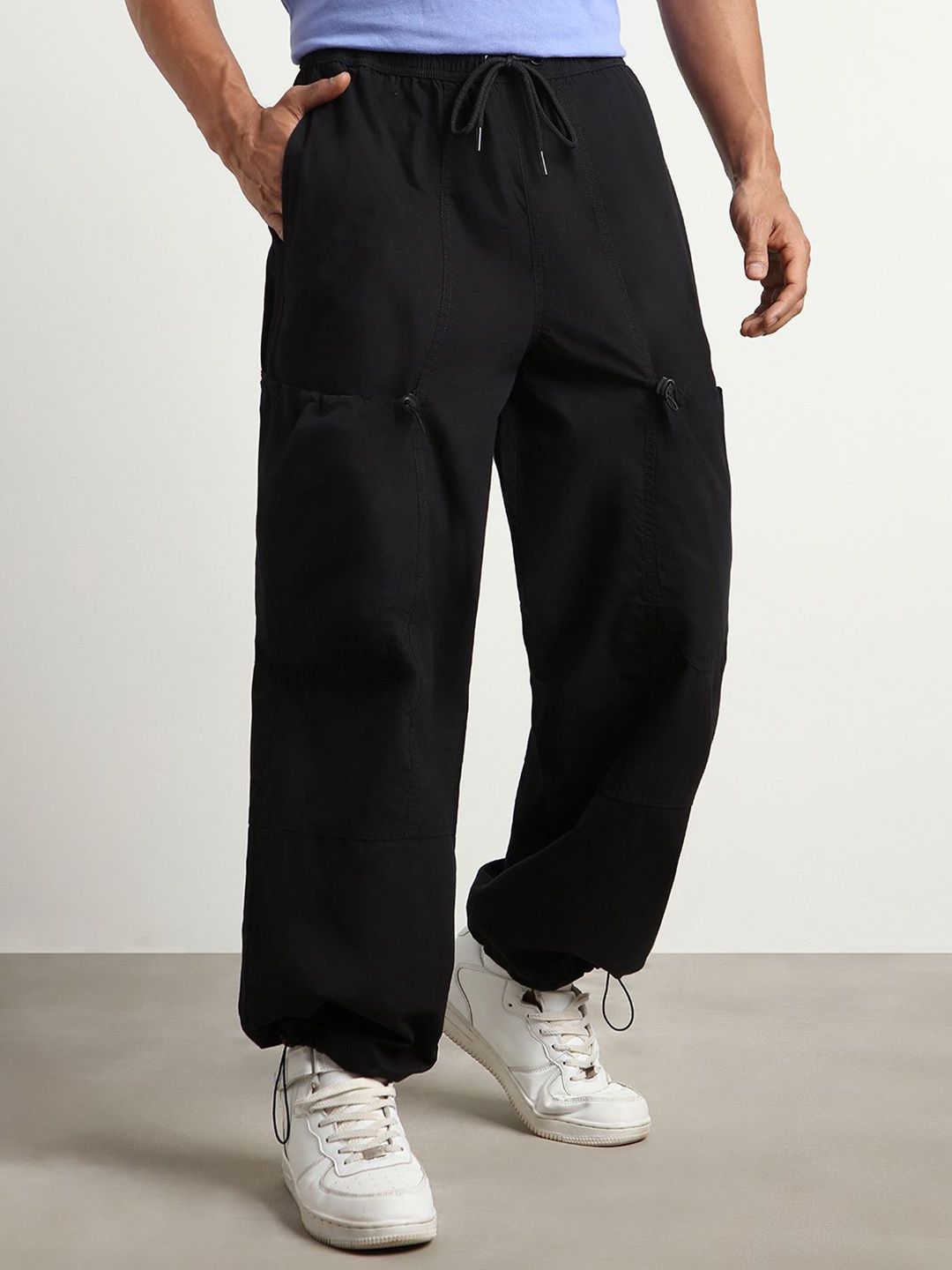 

NOBERO Men Oversized Loose Fit Pure Cotton Parachute Pants, Black