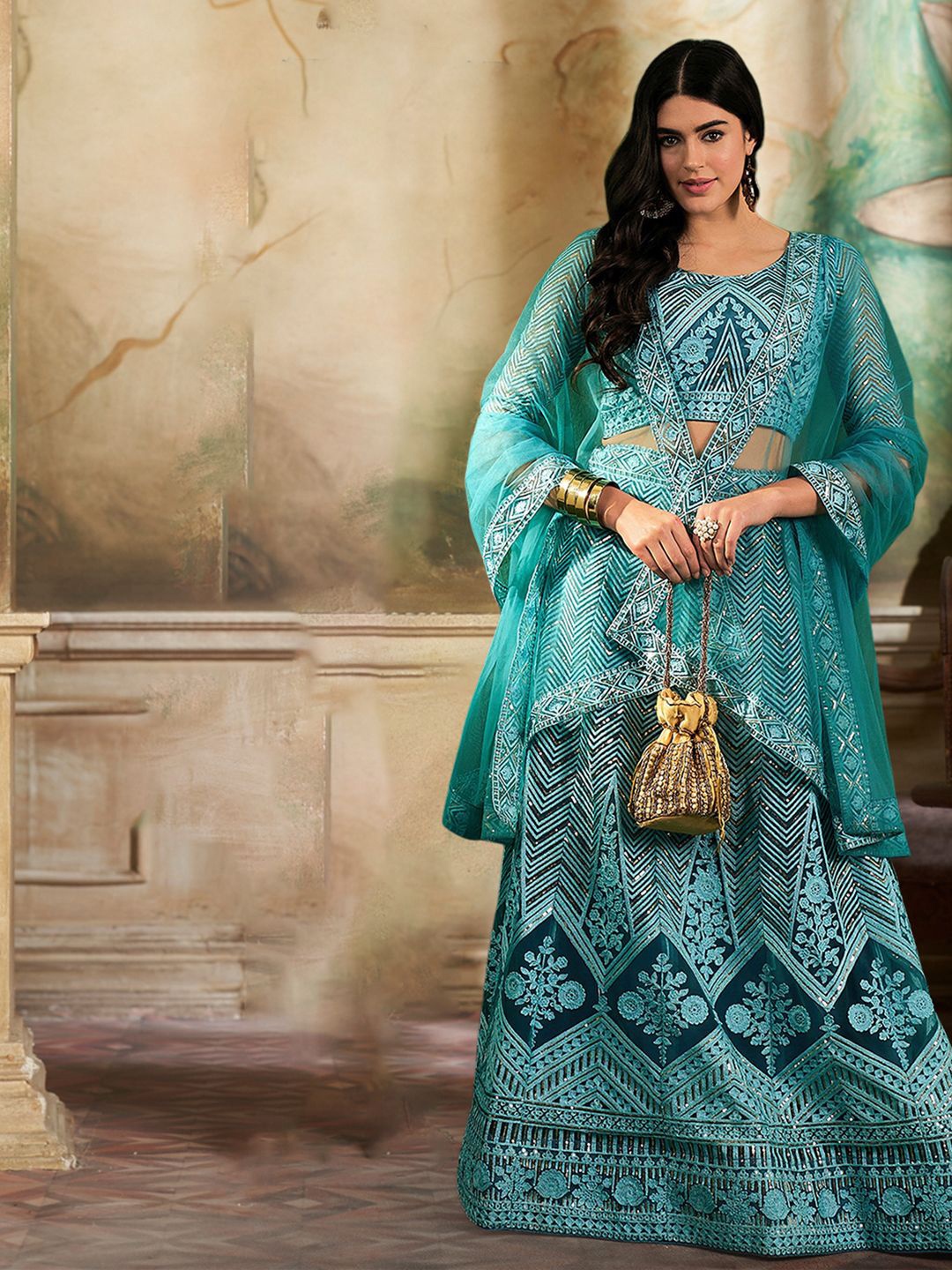 

Kvsfab Embroidered Sequinned Semi-Stitched Lehenga & Blouse With Dupatta, Turquoise blue