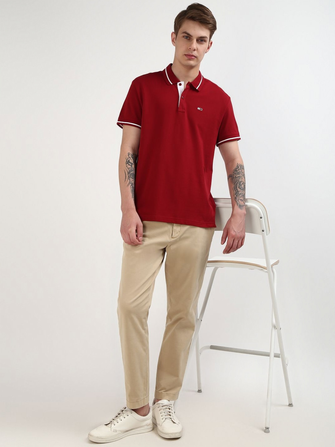 

Tommy Hilfiger Men Pure Cotton Polo Collar Raglan Sleeves T-shirt, Red