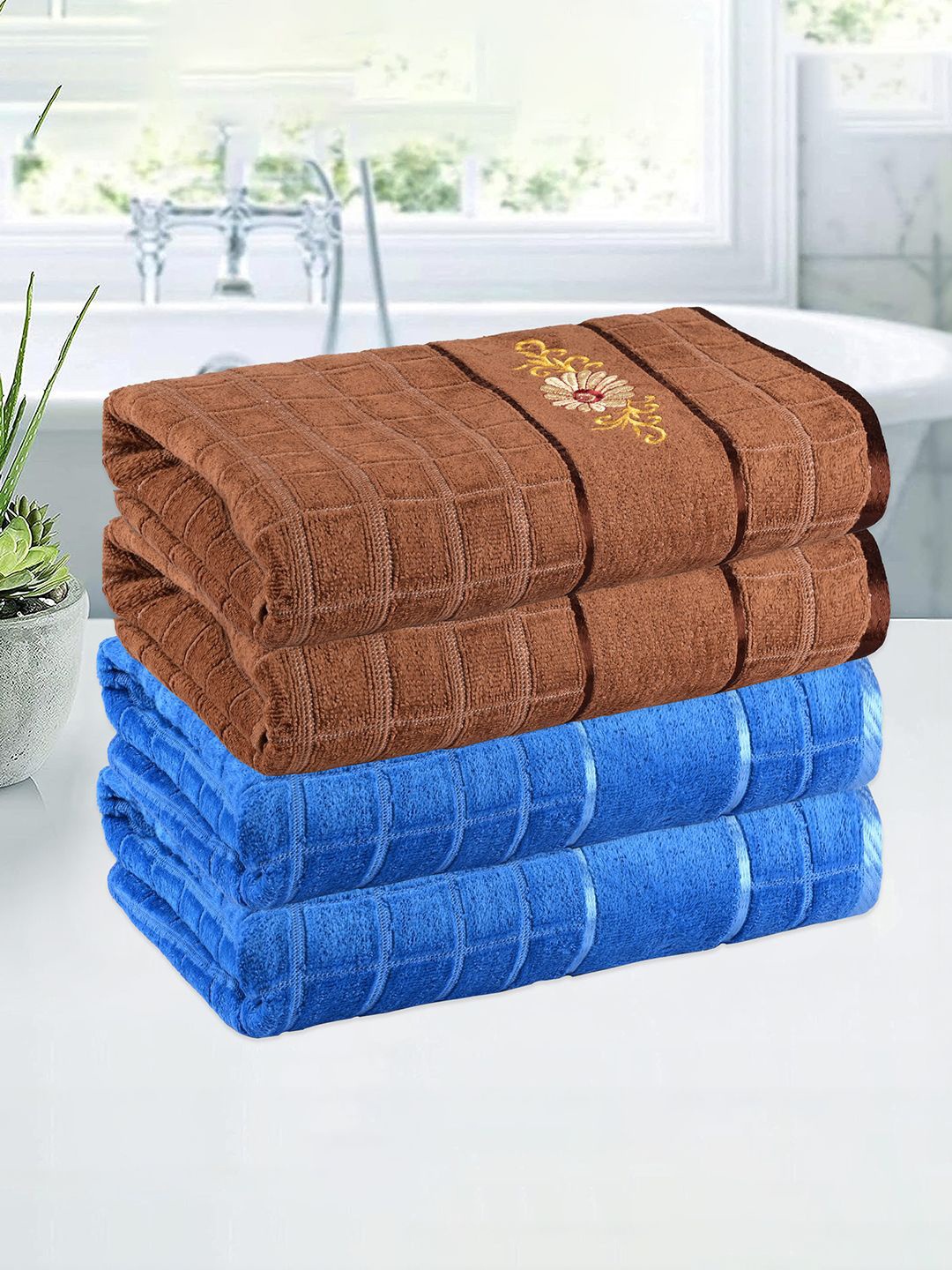 

Kuber Industries Blue & Brown 4 Pieces Striped 250 GSM Bath Towels