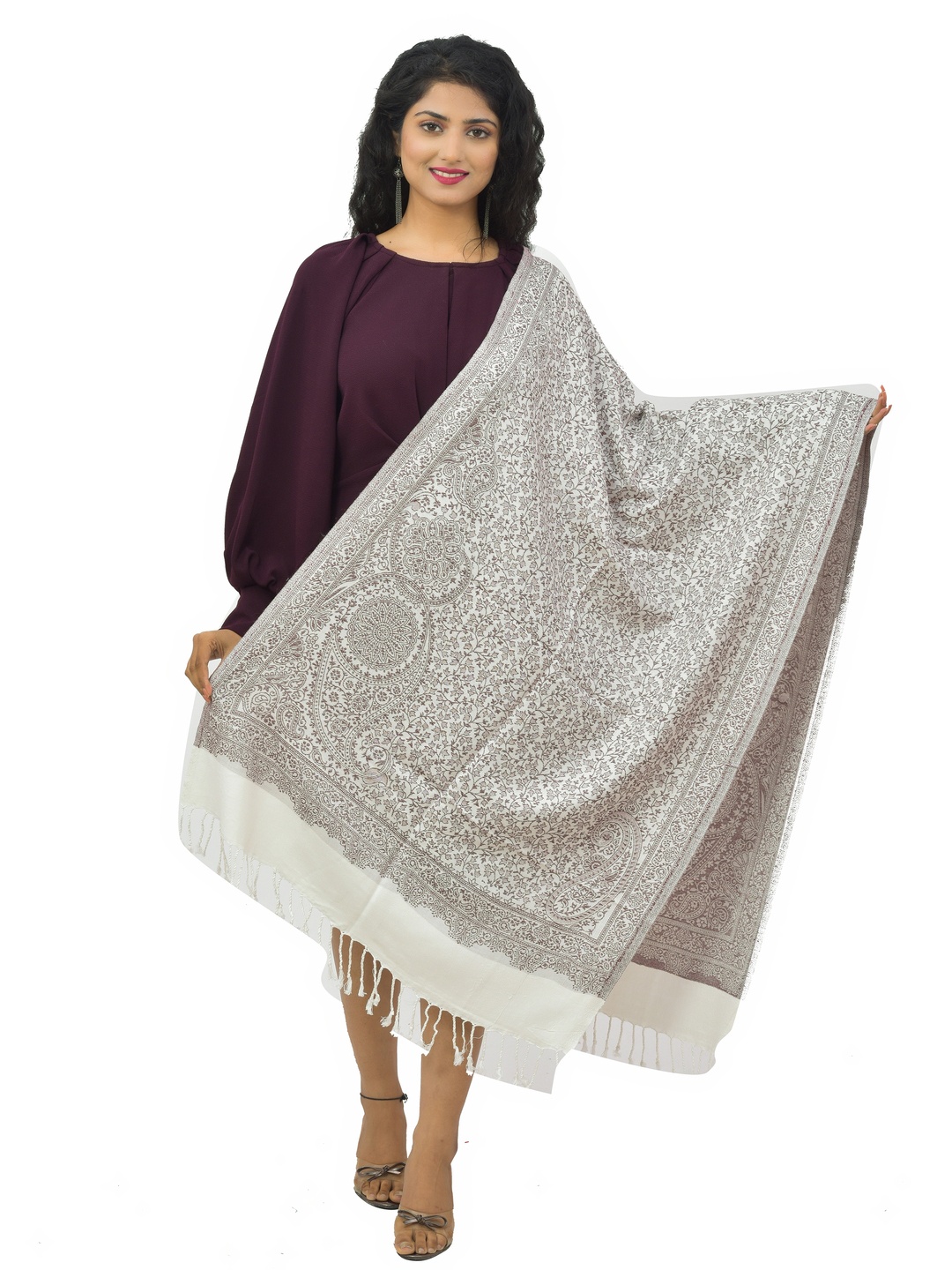 

BAISA Women Ethnic Motifs Woven Design Shawl, Off white