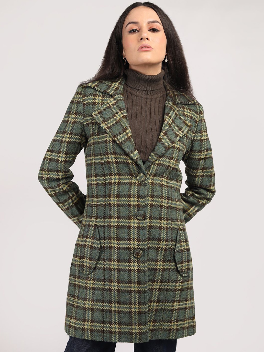 

HONNETE Women Checked Notched Lapel Collar Single-Breasted Winter Overcoat, Green