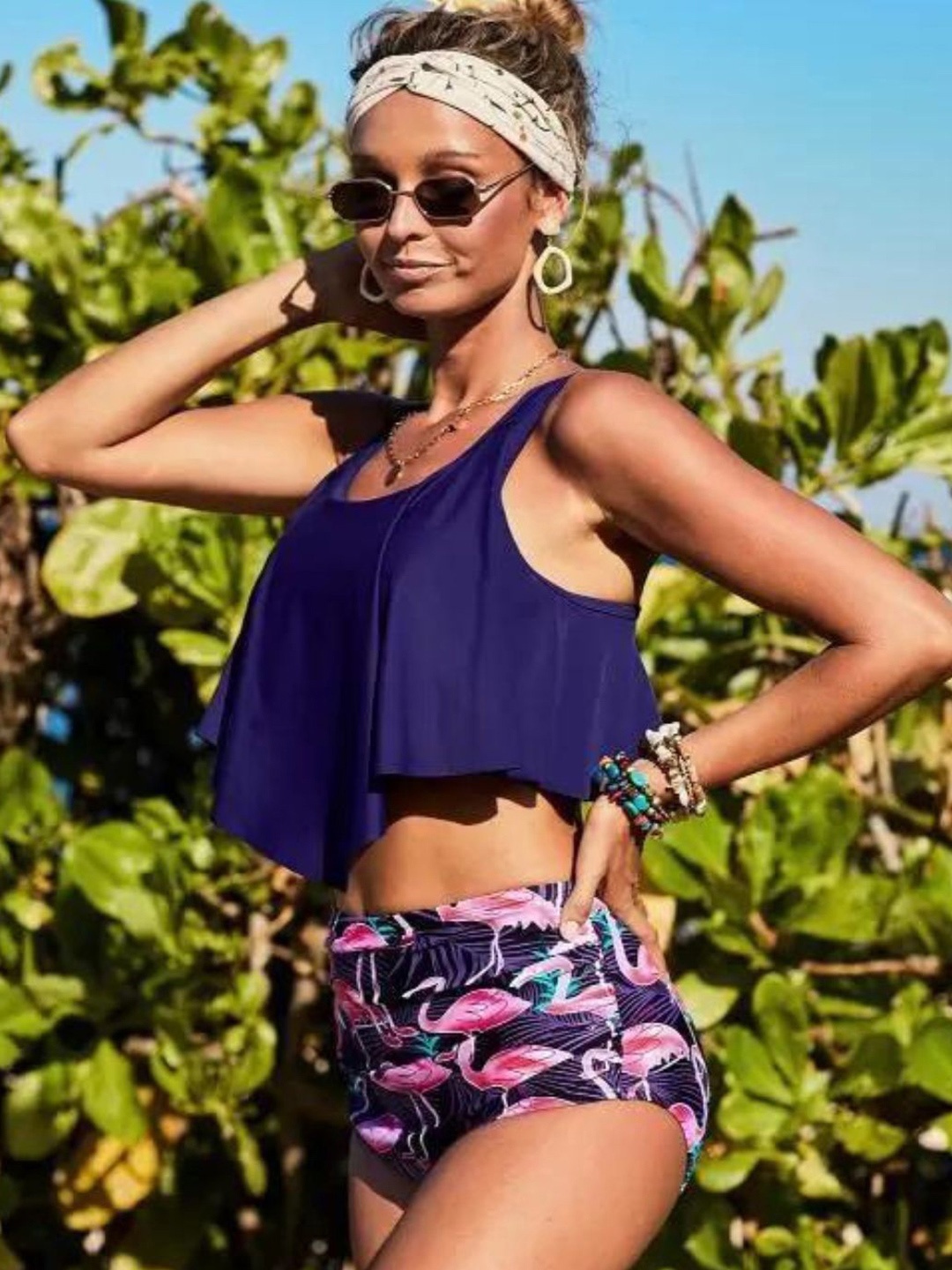 

ANGEL CROSHET Printed Round Neck Swim Set, Blue