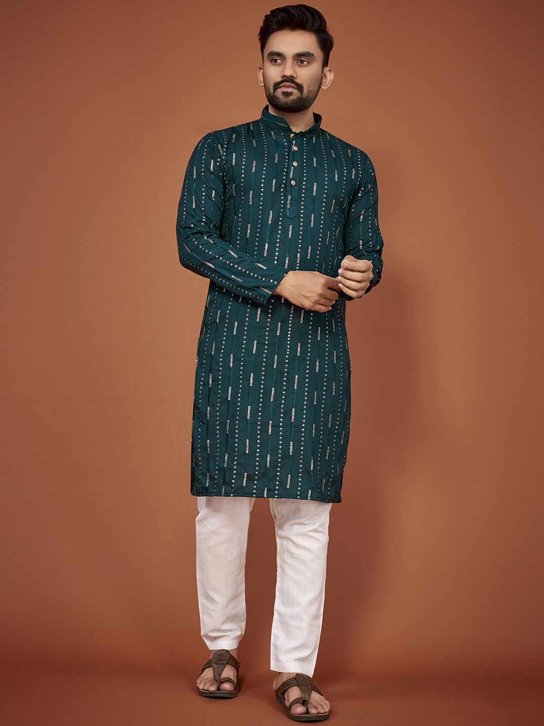 

Anaita Striped Embellished Mandarin Collar Sequinned Regular Cotton Straight Kurta, Teal