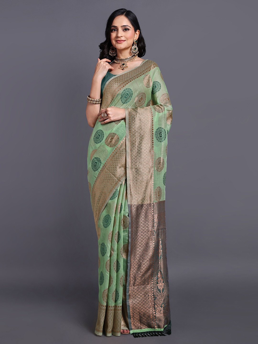 

SWAMI STUDIO Floral Zari Pure Cotton Kanjeevaram Saree, Green
