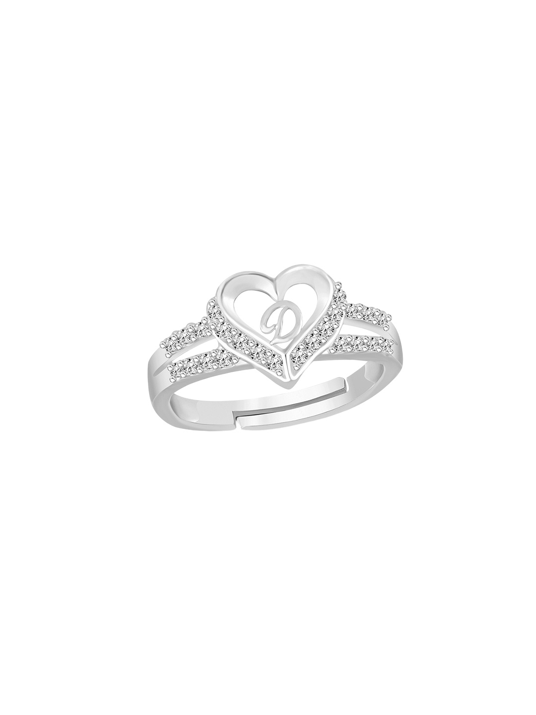 

Lila Silver-Plated American Diamond Heart Alphabet D Adjustable Finger Ring