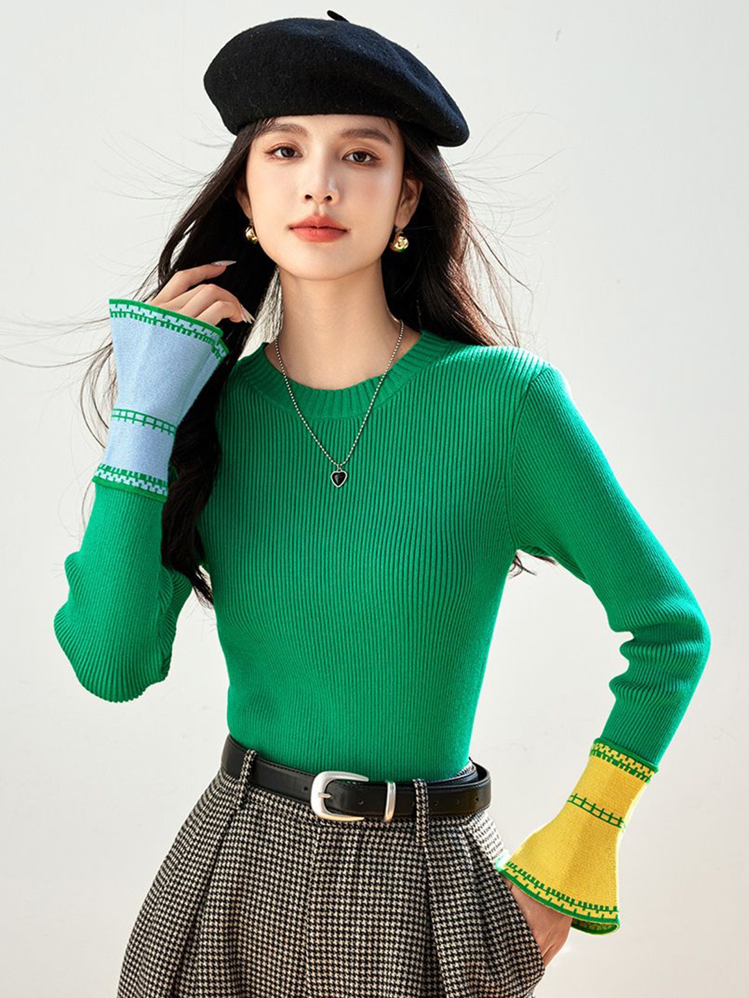 

JC Collection Women Striped Pullover with Embroidered Detail, Green
