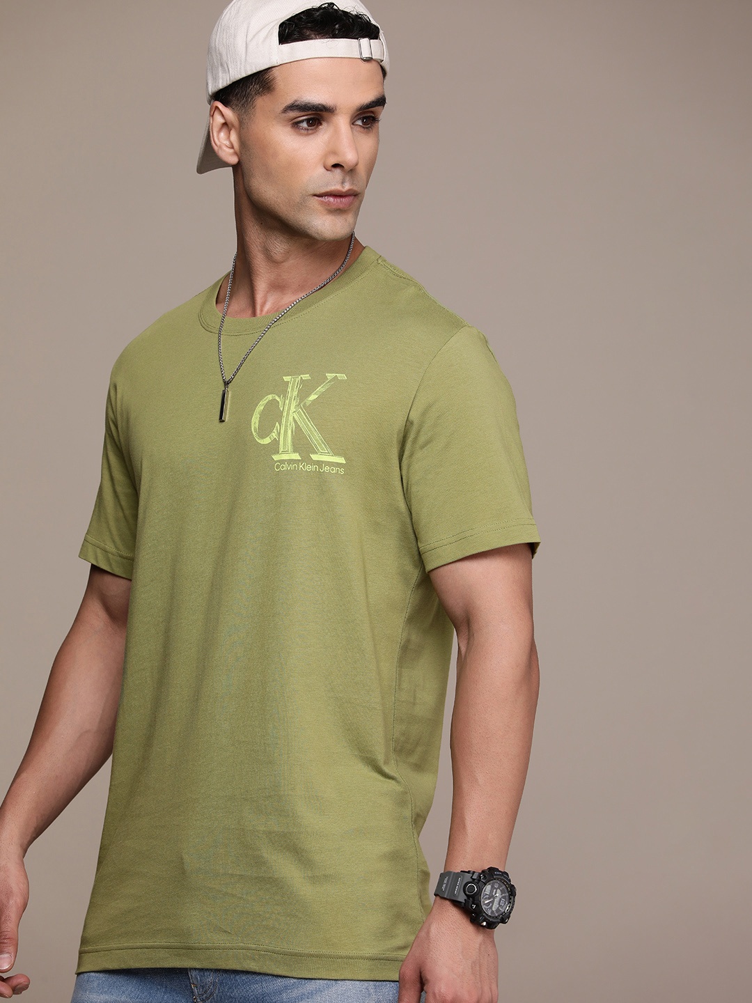 

Calvin Klein Jeans Brand Logo Printed Pure Cotton T-shirt, Olive