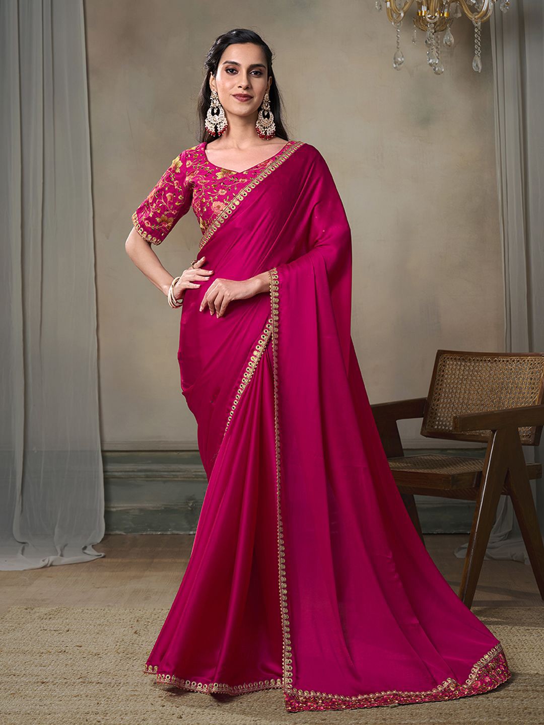 

Inddus Floral Embroidered Satin Saree, Magenta