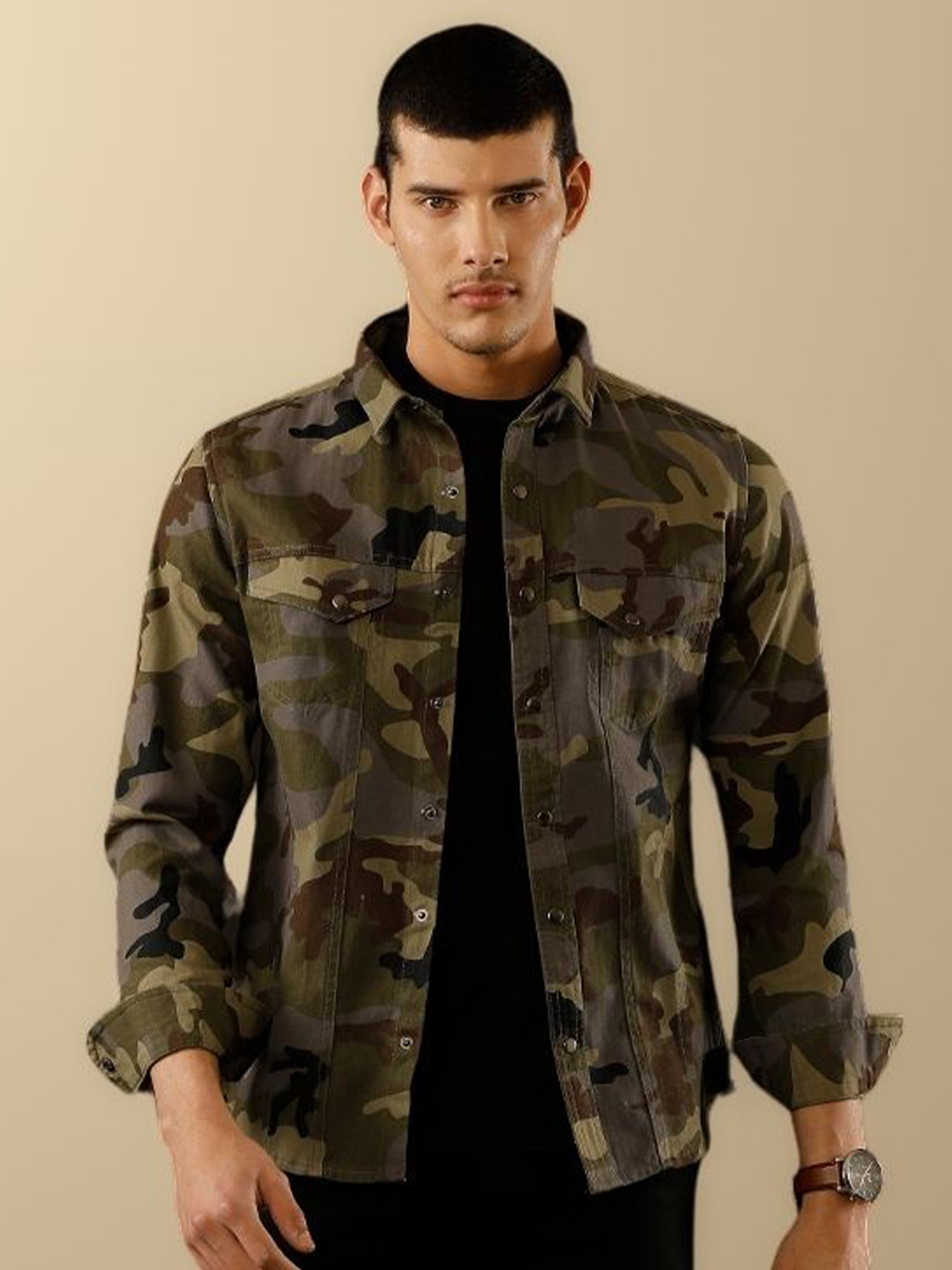 

TEMPLE OF DENIM Men India Slim Spread Collar Solid Denim Casual Shirt, Olive