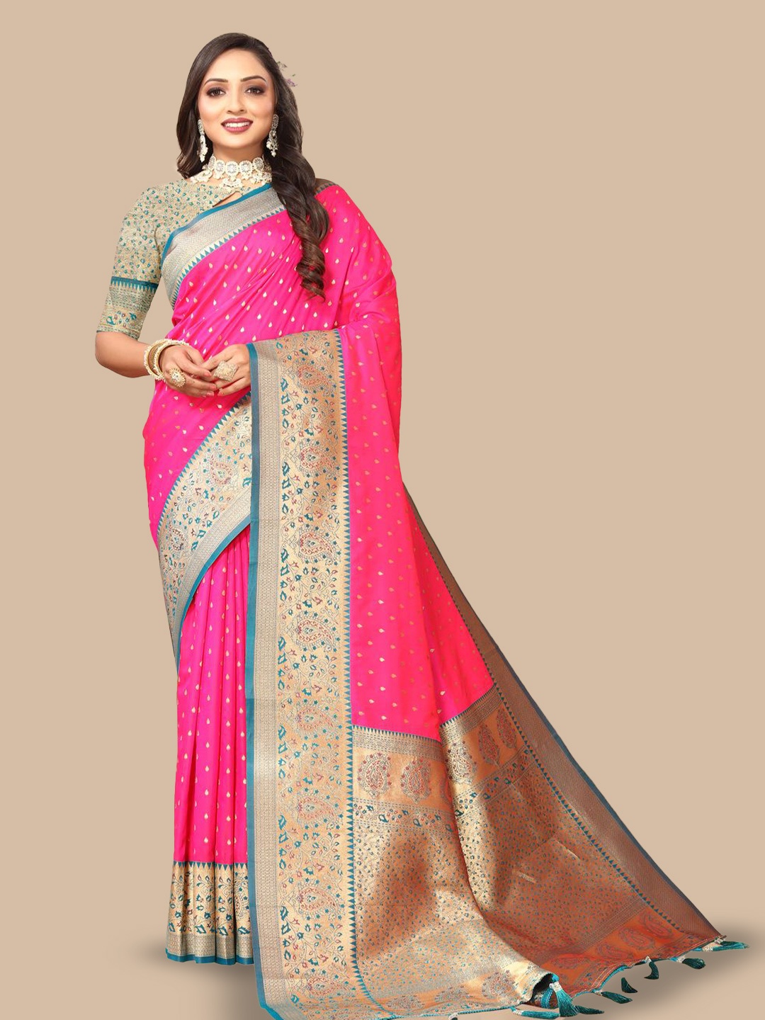 

MOKSHA DESIGNS Ethnic Motifs Woven Design Zari Pure Silk Banarasi Saree, Pink