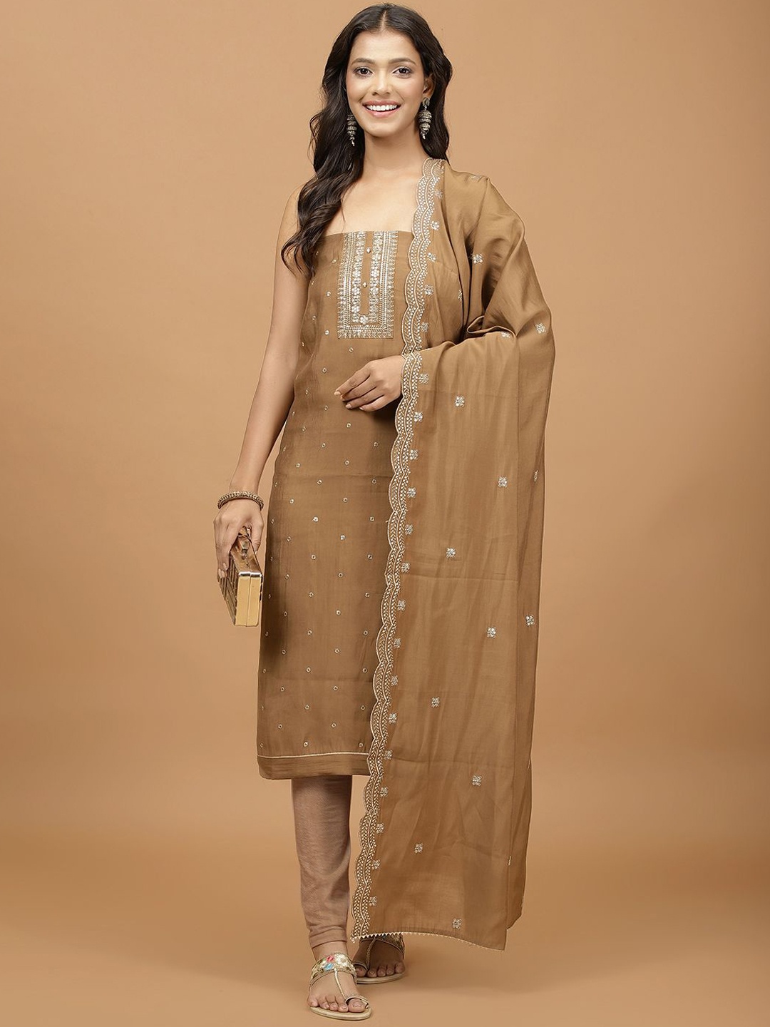 

Meena Bazaar Floral Embroidered Sequinned Unstitched Dress Material, Brown