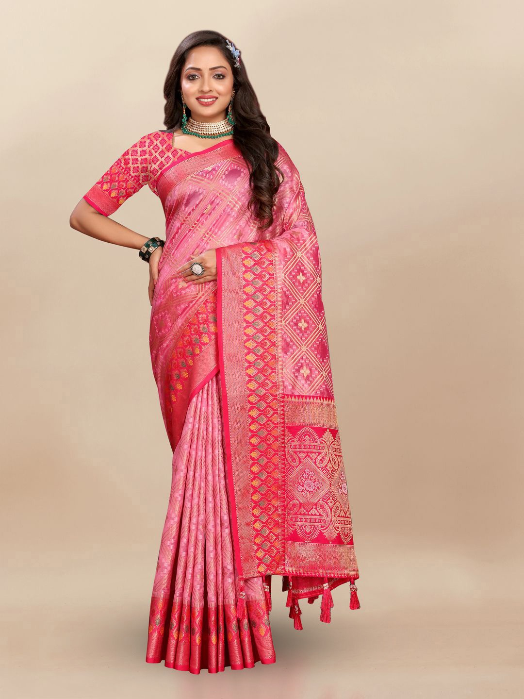 

MOKSHA DESIGNS Ethnic Motifs Zari Pure Silk Paithani Saree, Pink