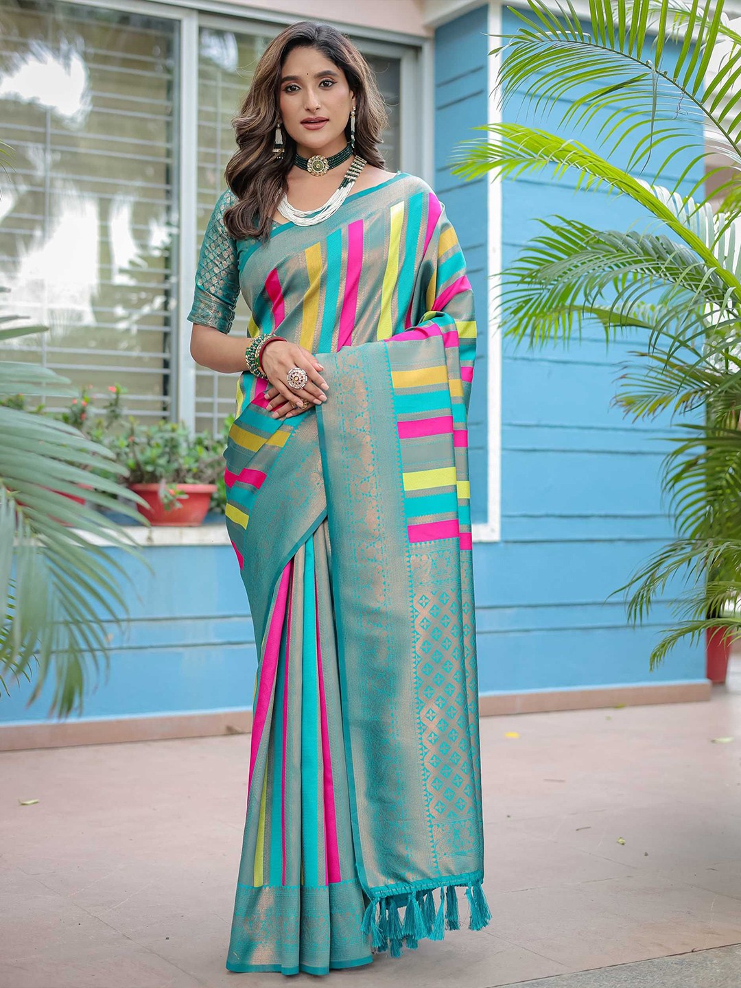 

Kandora Woven Design Zari Pure Silk Kanjeevaram Saree, Blue