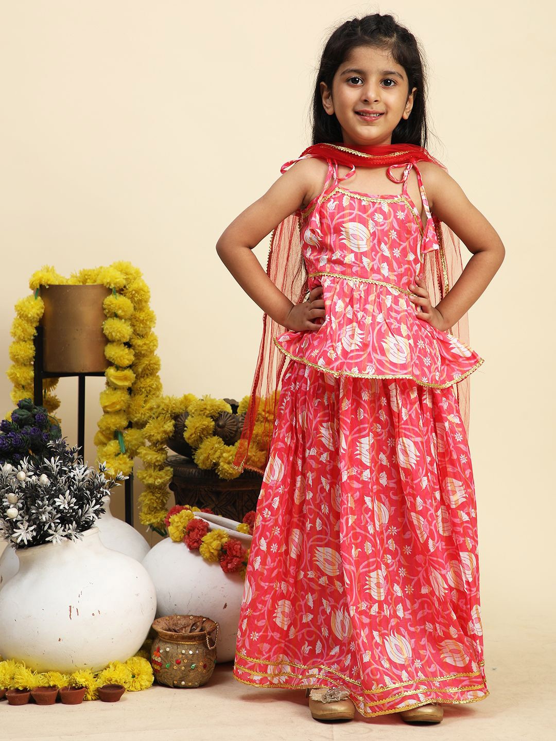 

Cutiekins Girls Printed Ready to Wear Lehenga & Blouse With Dupatta, Coral
