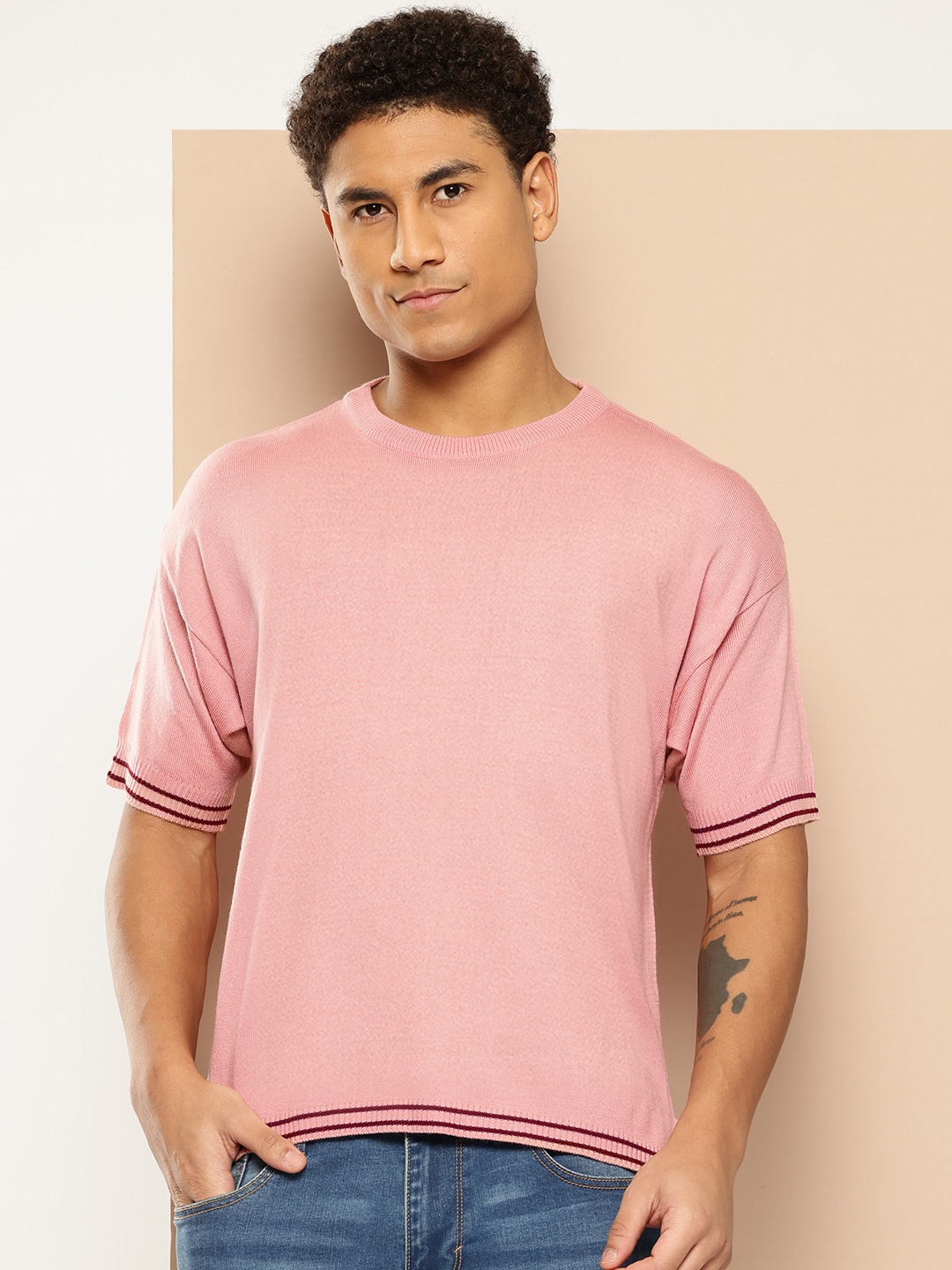 

INVICTUS Men Drop-Shoulder Sleeves Acrylic T-shirt, Peach