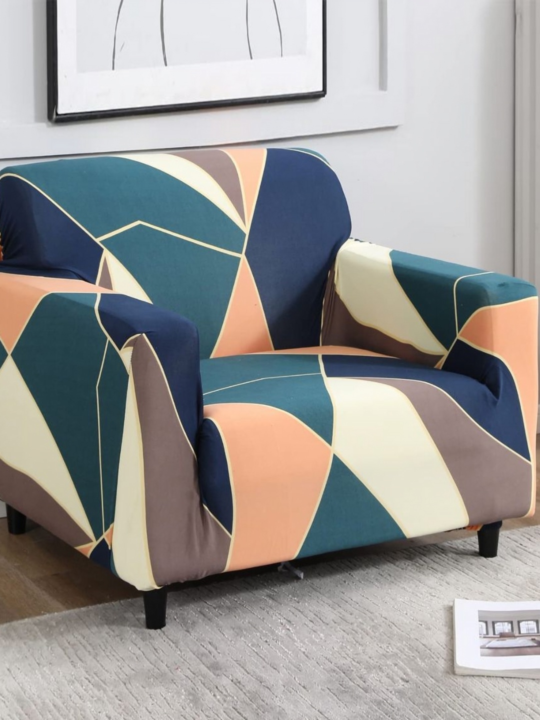 

B BESTILO Green & Brown Geometric Printed Single Seater Sofa Cover With Arms