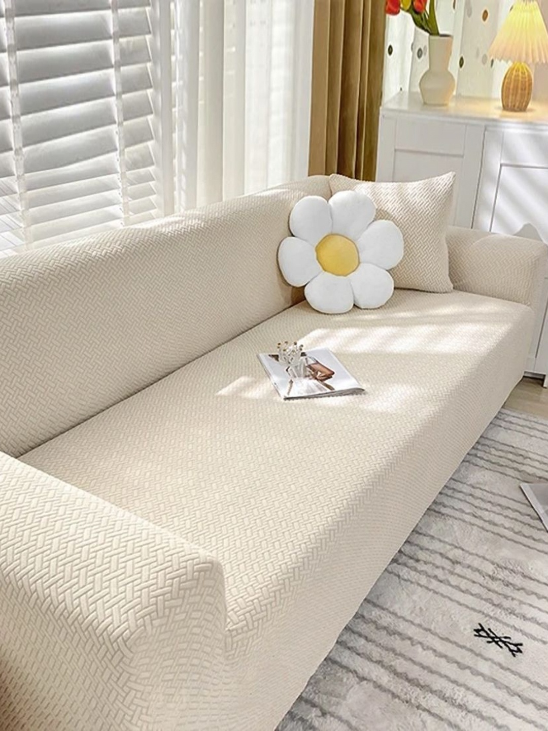 

B BESTILO Cream-Coloured Self Design Triple seater Sofa Cover With Arms