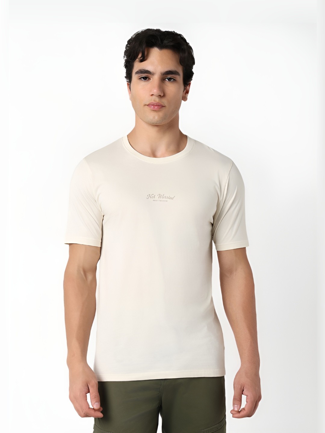 

R&B Men Solid Round Neck Cotton T-shirt, Cream