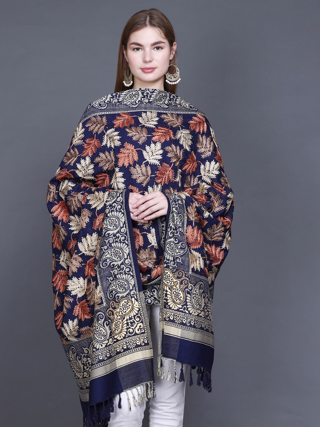 

GODFREY Floral Embroidered Woolen Shawl, Navy blue