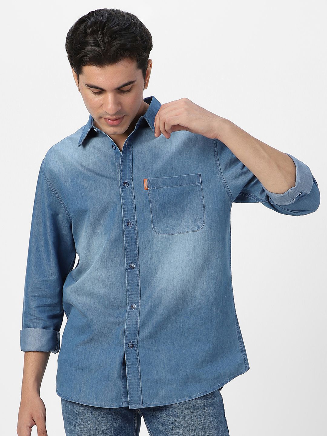 

Urbano Fashion Men Spread Collar Solid Denim Casual Shirt, Blue