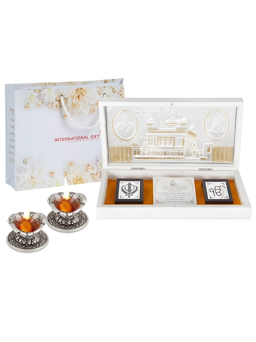 

INTERNATIONAL GIFT Silver-Toned Golden Temple Frame Message Box With 2 Diya