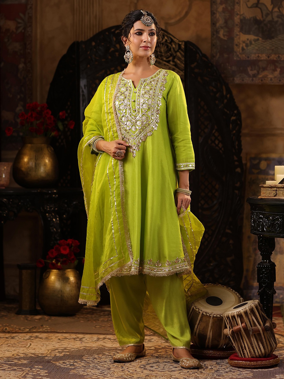 

SCAKHI Ethnic Motifs Yoke Design Gotta Patti Dupion Silk Kurta with Salwar & Dupatta, Lime green