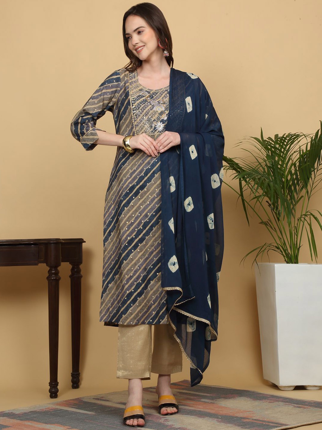 

KALINI Leheriya Printed Sequinned Chanderi Silk Kurta with Trousers & Dupatta, Navy blue