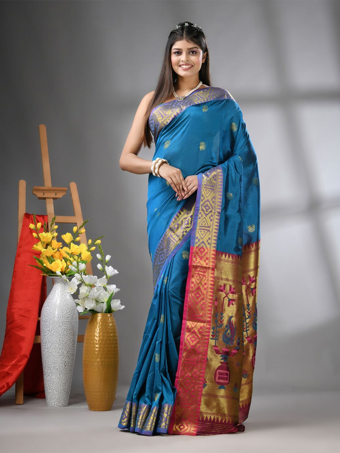 

Charukriti Ethnic Motifs Zari Silk Blend Paithani Saree, Blue