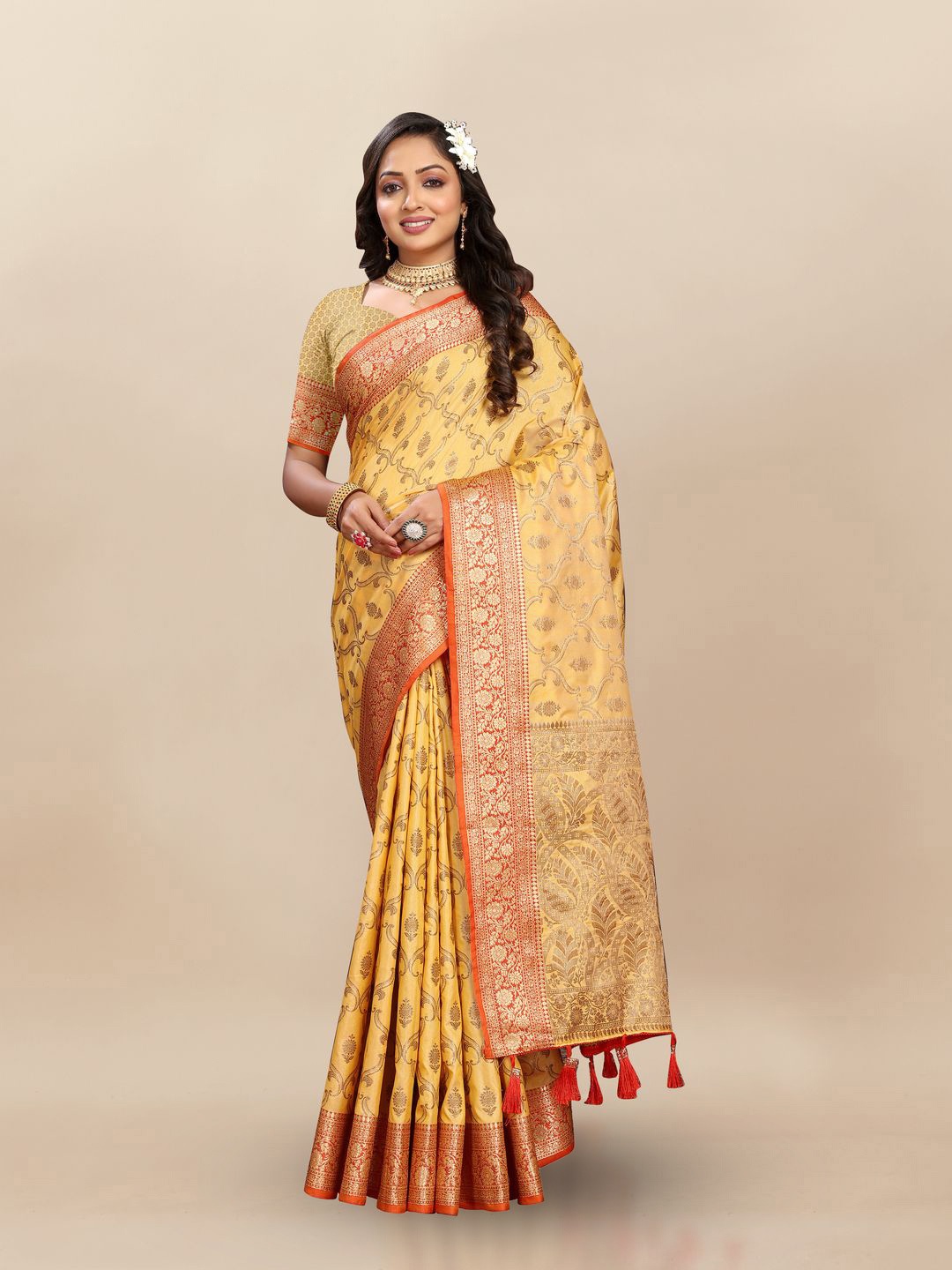 

MOKSHA DESIGNS Ethnic Motifs Zari Pure Silk Paithani Saree, Yellow