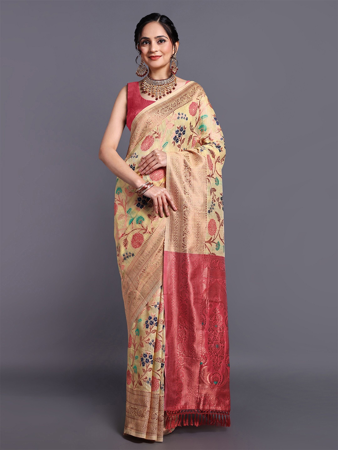 

SWAMI STUDIO Floral Zari Pure Cotton Kanjeevaram Saree, Gold