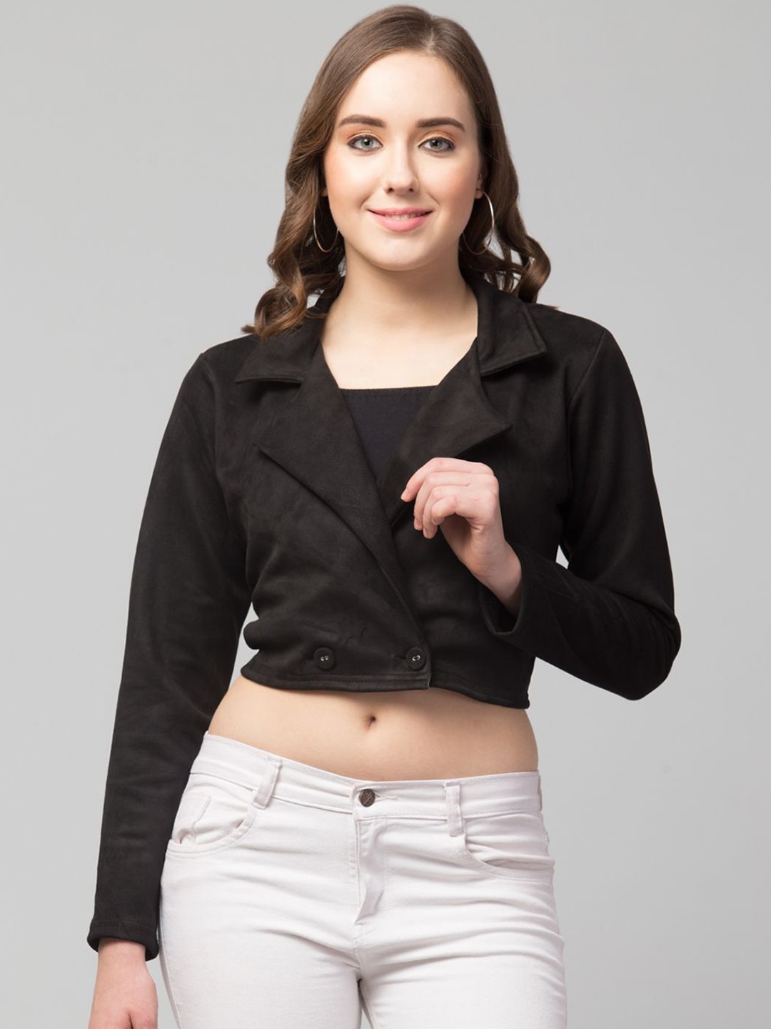 

GalaxyTrendz Women Suede Windcheater Crop Tailored Jacket, Black