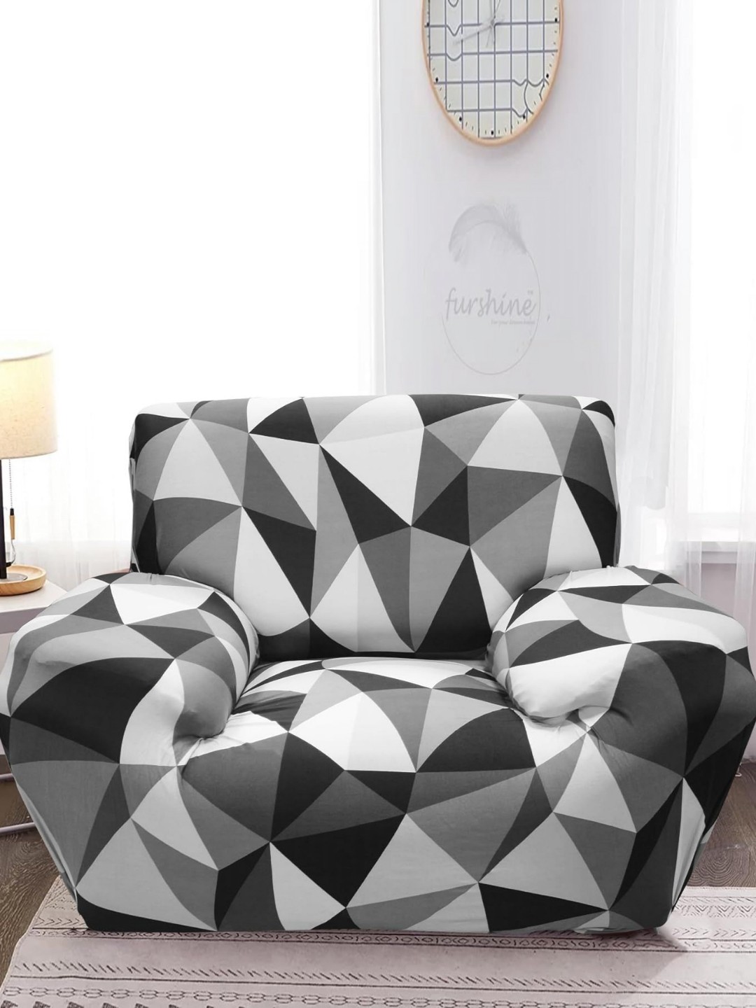 

B BESTILO Black & Grey Geometric Printed Single Seater Sofa Cover With Arms
