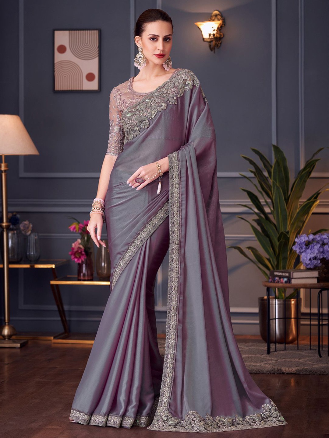 

Mitera Embroidered Pure Chiffon Saree, Violet