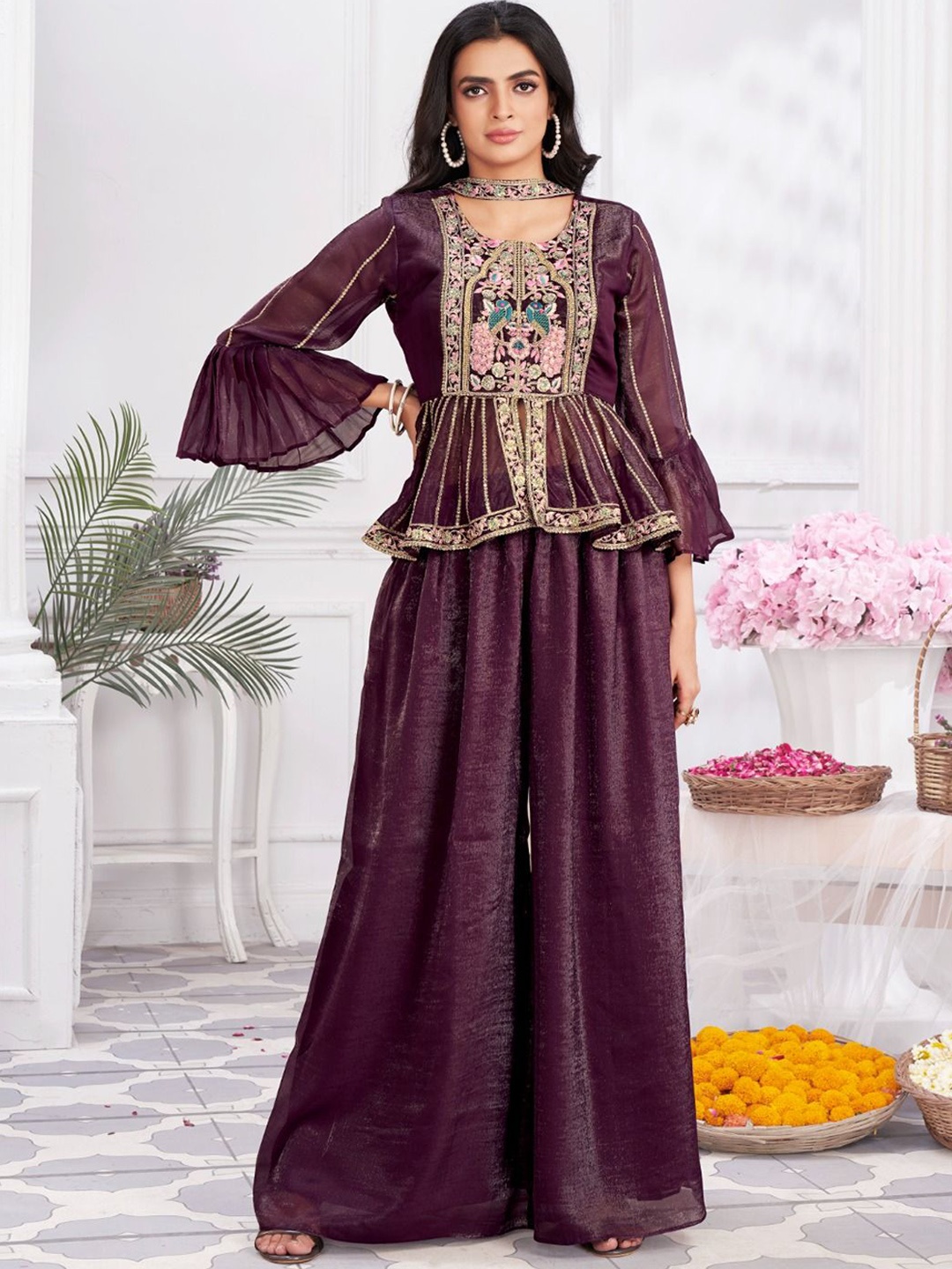 

JIVORA Embellished Round Neck Top With Palazzo, Burgundy