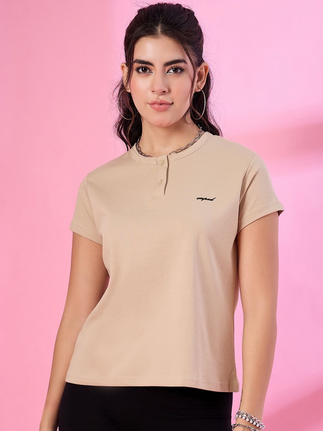 

CUPID Women Solid Round Neck Cotton T-shirt, Beige