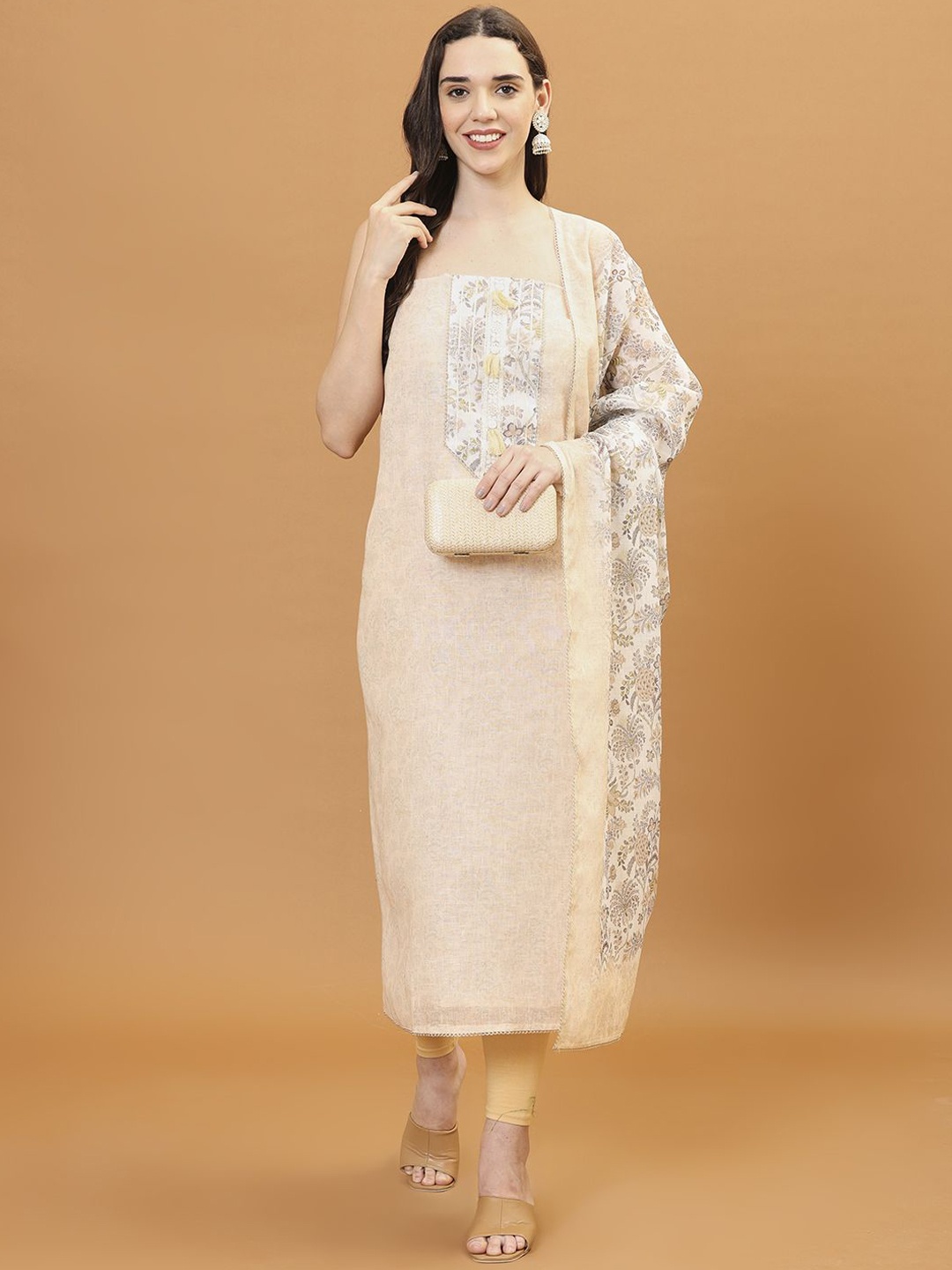 

Meena Bazaar Floral Printed Unstitched Dress Material, Beige