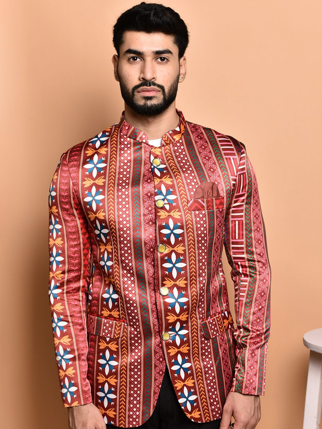 

PRINTCULTR Printed Bandhgala Casual Blazer, Red