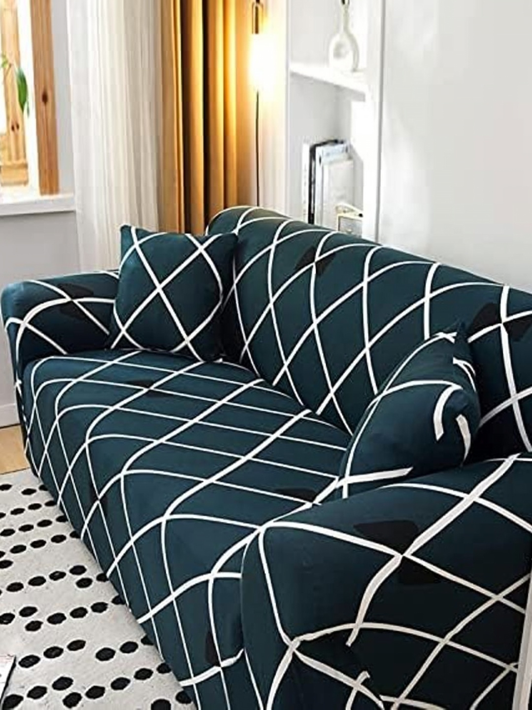 

B BESTILO Blue & White Printed Polyester 1 Piece Sofa Cover With Arms