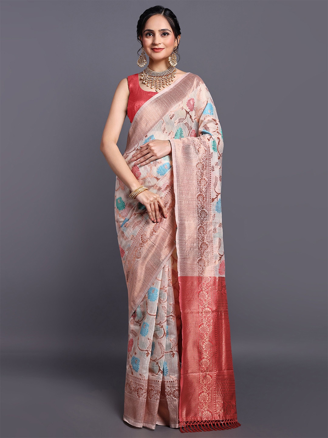 

SWAMI STUDIO Floral Zari Pure Cotton Kanjeevaram Saree, Cream