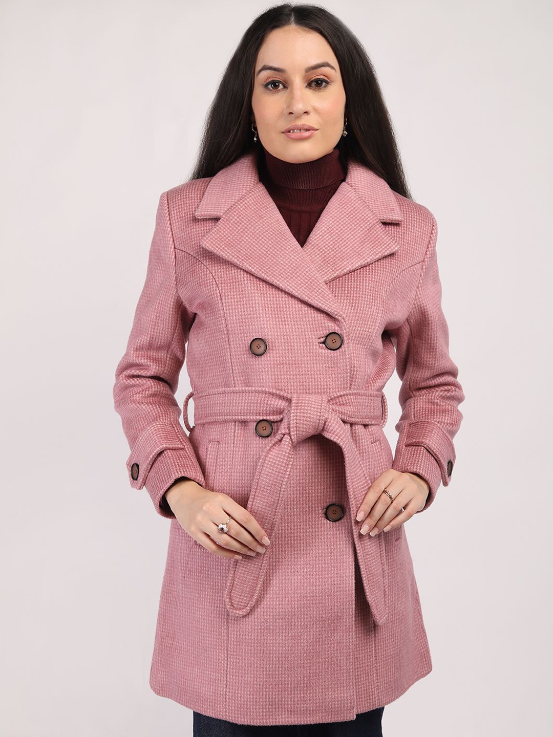 

HONNETE Women Checked Notched Lapel Double-Breasted Winter Overcoat, Pink