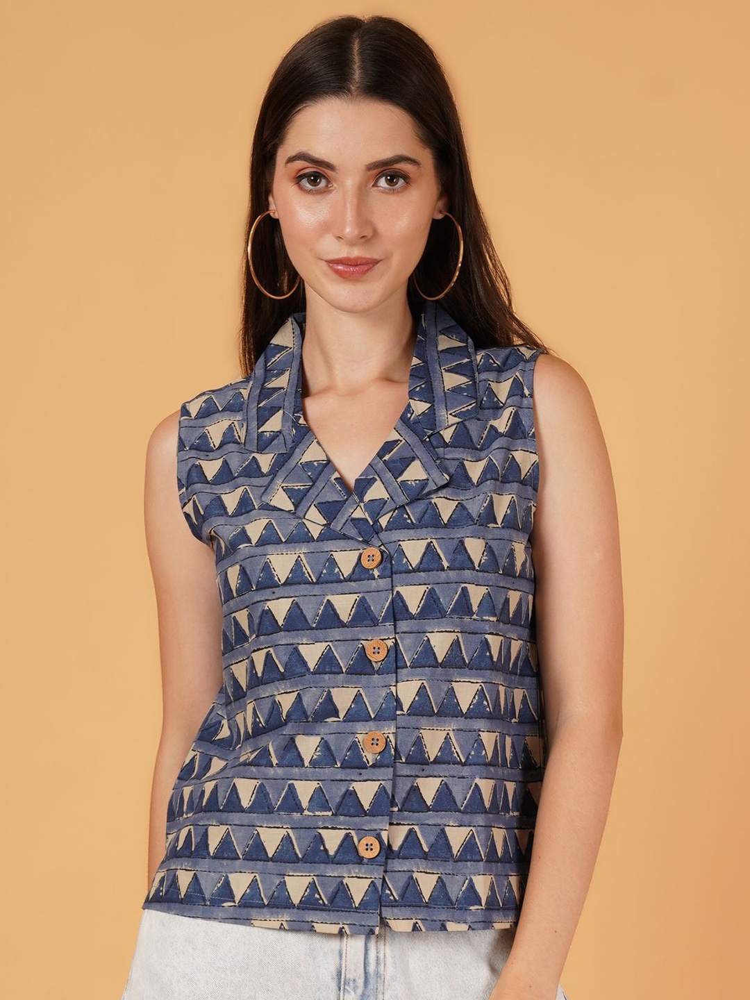 

IX IMPRESSION Geometric Print Cotton Blouson Crop Top, Navy blue