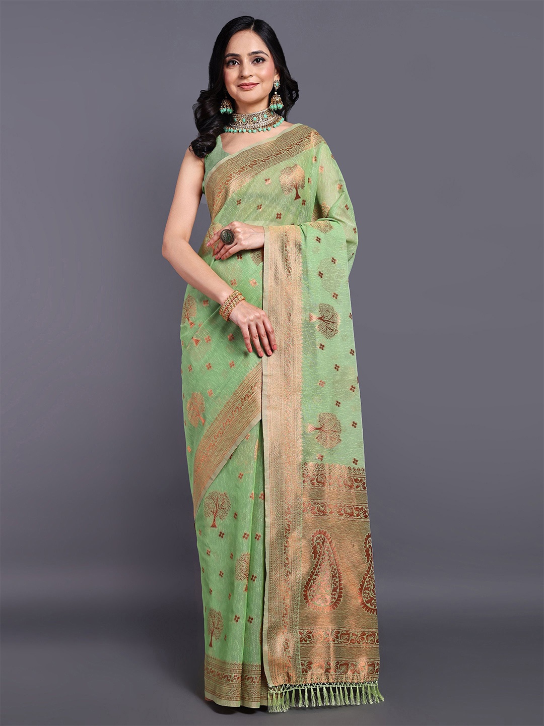 

SWAMI STUDIO Floral Zari Pure Cotton Kanjeevaram Saree, Green