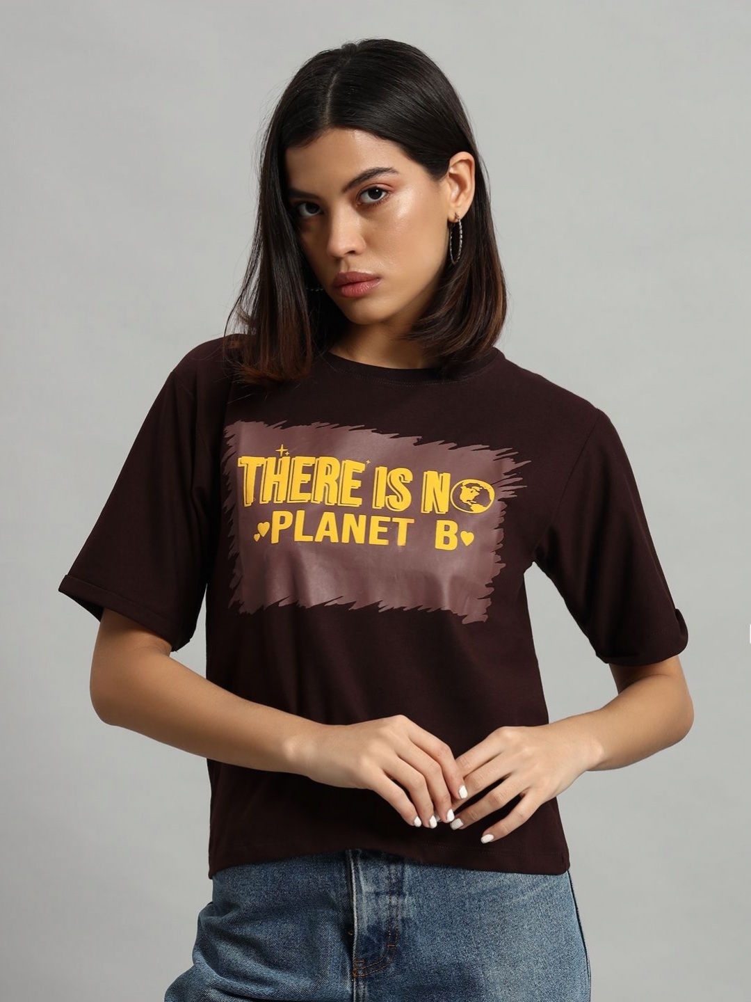 

AECK Women Graphic Printed Round Neck Cotton T-shirt, Coffee brown