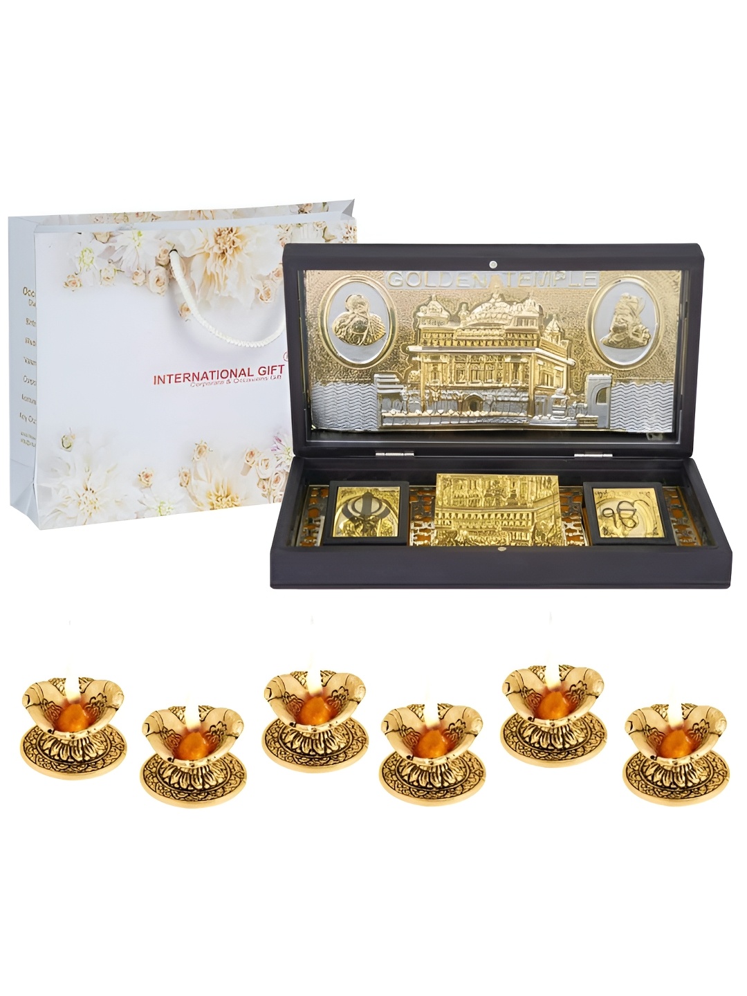 

INTERNATIONAL GIFT Gold-Toned Golden Temple Frame Message Box with 6 Diya