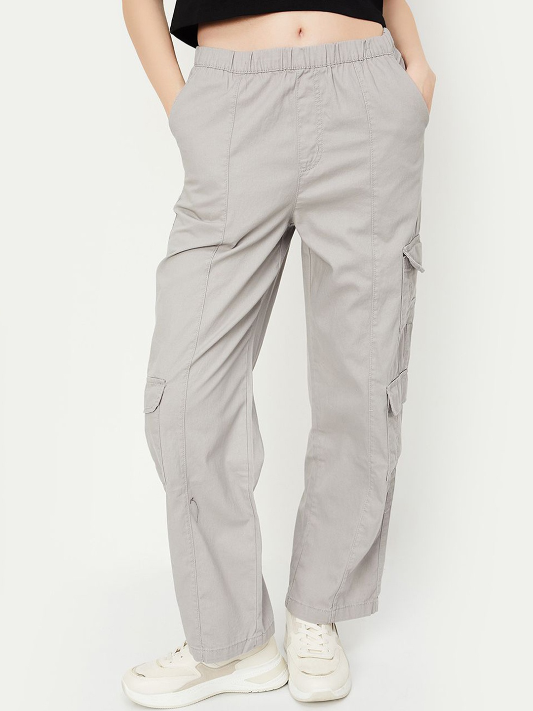 

max Women Solid Mid-Rise Cotton Trousers, Grey